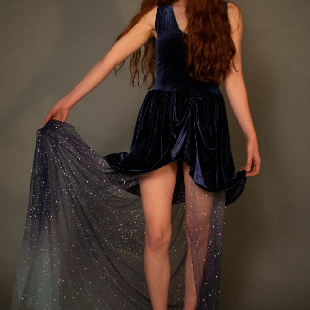 Blue glitter pearl organza tulle ombre velvet dress gown prom formal